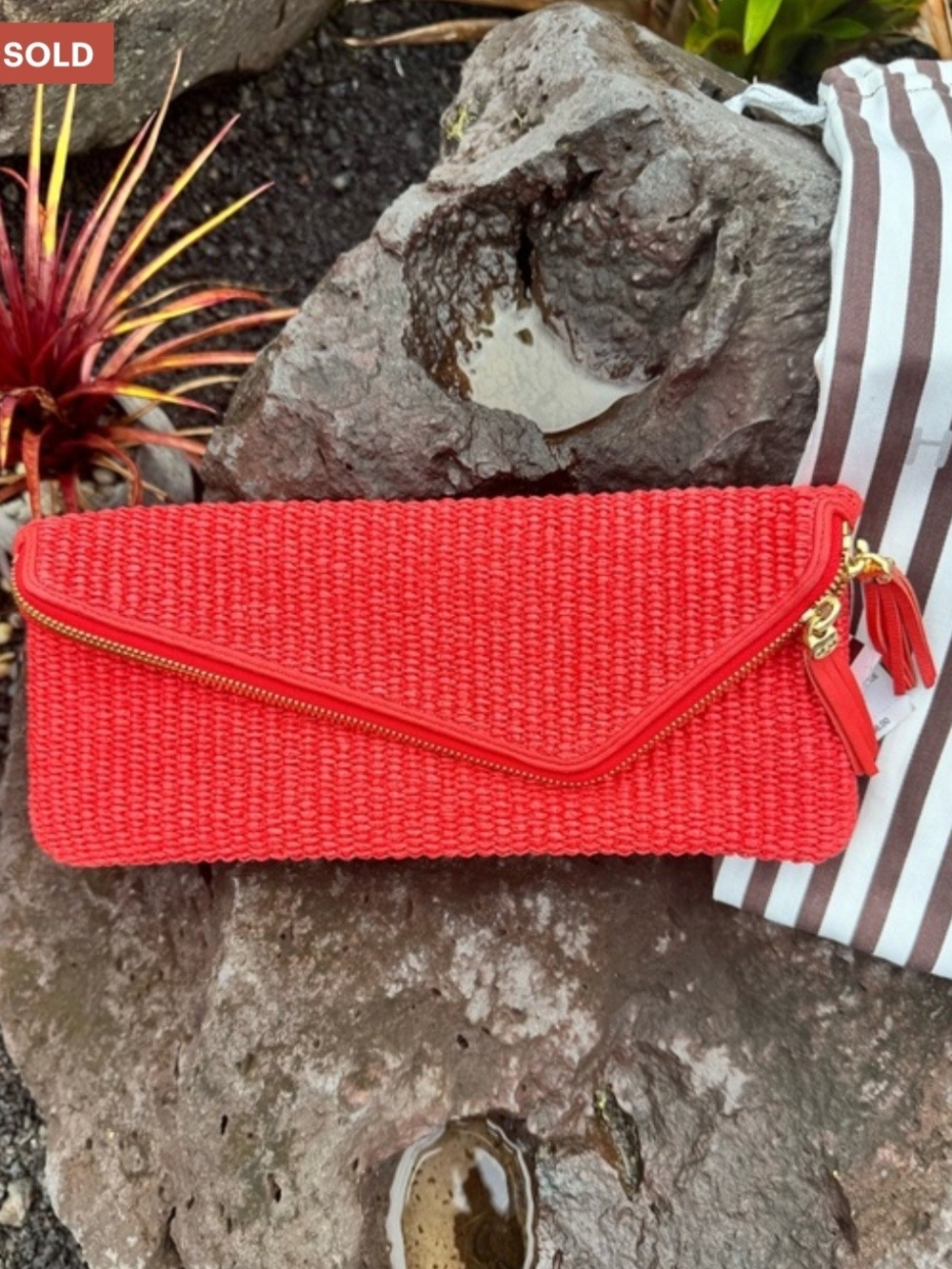 Henri Bendel Coral-Red Woven "Deb Slim Asym" Envelope Clutch with Tassel Zip